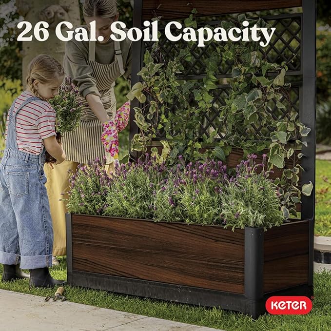 Keter Outdoor Planter Box with Privacy Screen and Trellis – 26 Gallon Raised Garden Bed for Climbing Plants & Flowers – Wood-Look Resin, Weather-Resistant Divider for Patio, Balcony & Backyard