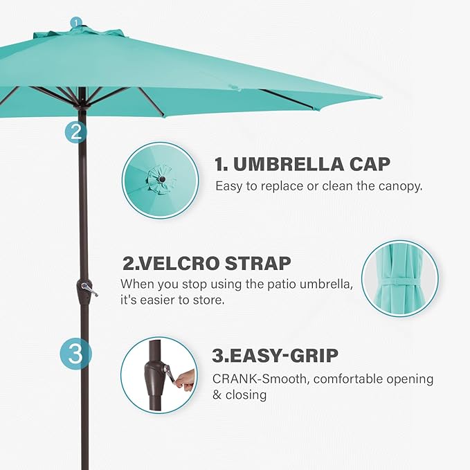 MEWAY 12ft Patio Umbrella Outdoor Table Umbrellas with Crank, Market Umbrella 8 Sturdy Ribs for Deck, Garden, Pool and Backyard, Teal