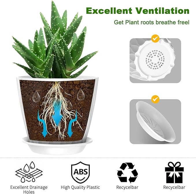 6 Pack 7 Inch Indoor Plant Pots with Drainage Holes, Outdoor Plastic Decorative Flower Pots, Garden Planters with Tray Saucers for Orchids, Violets, Succulents, Herbs, and Other Plants