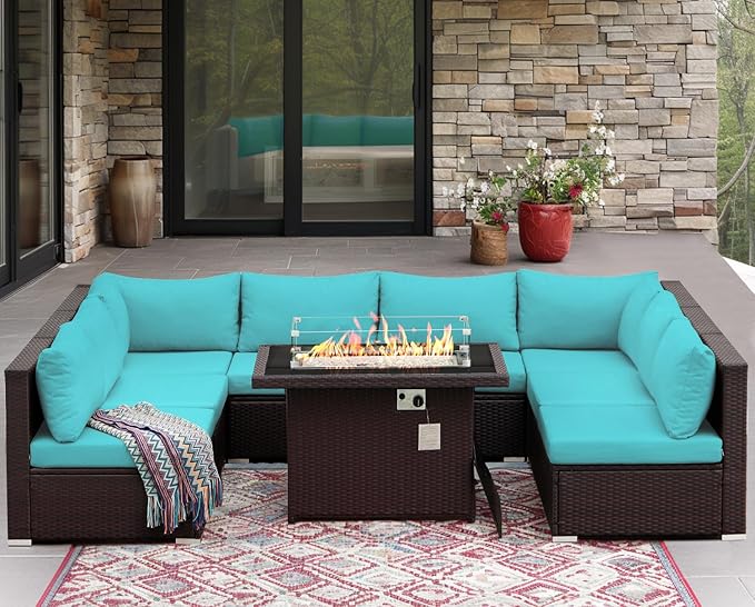 NICESOUL 9 Piece Patio Sectional Set with Firepit Natural Gas/Propane, 29.3'' High Back Tall Big Outdoor Conversation Couch Sets, Wide Sitting Furniture for Outside, Brown Rattan and Teal Cushion