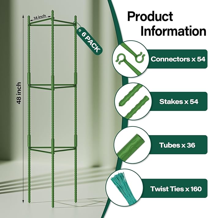 Halatool 6 Pack Tomato Cages for Garden, 48 Inch Adjustable Tomato Cage Plant Support, Garden Plant Stakes Trellis for Climbing Plants Pots Vegetables Flowers Fruits