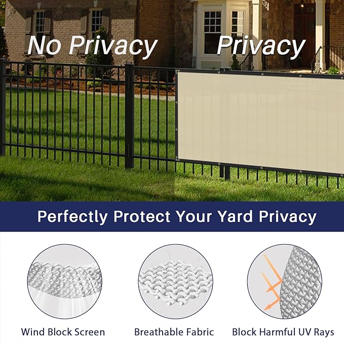 Windscreen4less Privacy Fence Screen Heavy Duty Windscreen Fencing Mesh Fabric Shade Net Cover with Brass Grommtes for Outdoor Wall Garden Yard Pool Deck, 6'x197' Beige