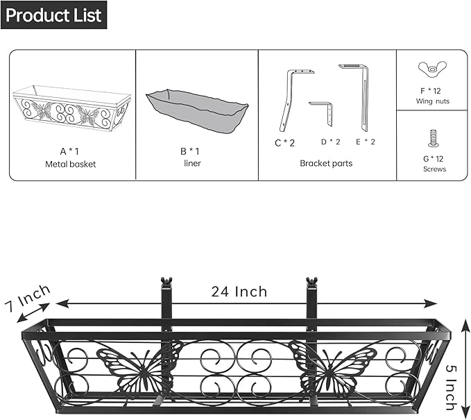 2 Pack 24 Inch Window Boxes Planters Railing Planter Box with Adjustable Brackets for Porch Fence Patio Balcony Hanging Flower Baskets with Woven Fabric for Outdoor Garden Decor - Black