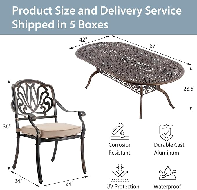9-Piece Cast Aluminum Patio Furniture, Outdoor Dining Sets for 8 Include 87" Oval Patio Dining Table and 8 Stackable Chairs with Cushions & Umbrella Hole (Bronze)