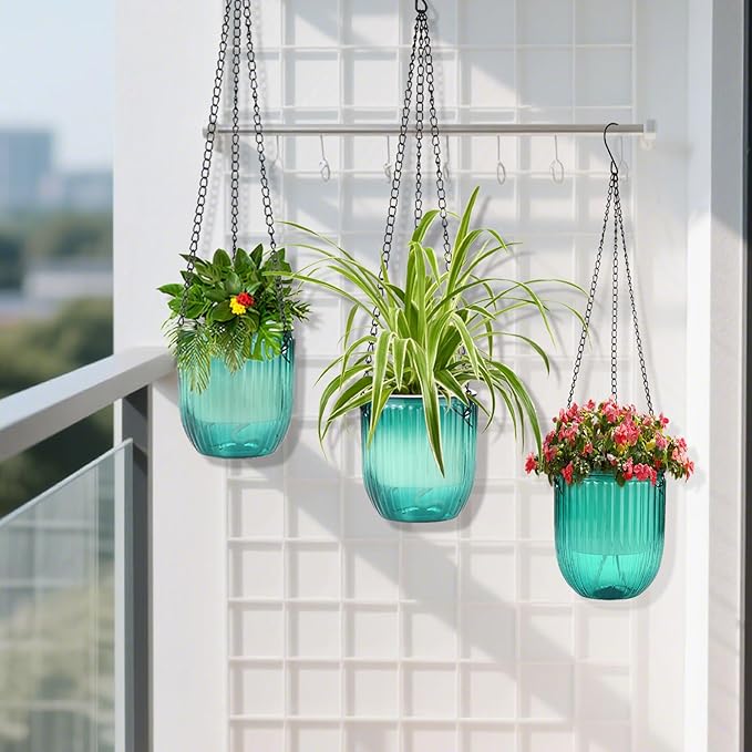 4 Pack Self Watering Hanging Planters with Drainage Holes –Hanging planters for Indoor Plants, Flowers, Succulents – Lightweight, Durable Hanging Baskets Green