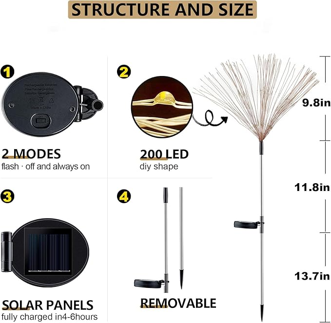 4 Pack Solar Firework Lights 200 LED Create Magical Nights, Waterproof Starburst Fairy Lights for Garden Yard Patio Christmas Romantic Wedding Party Decor(Warm White)