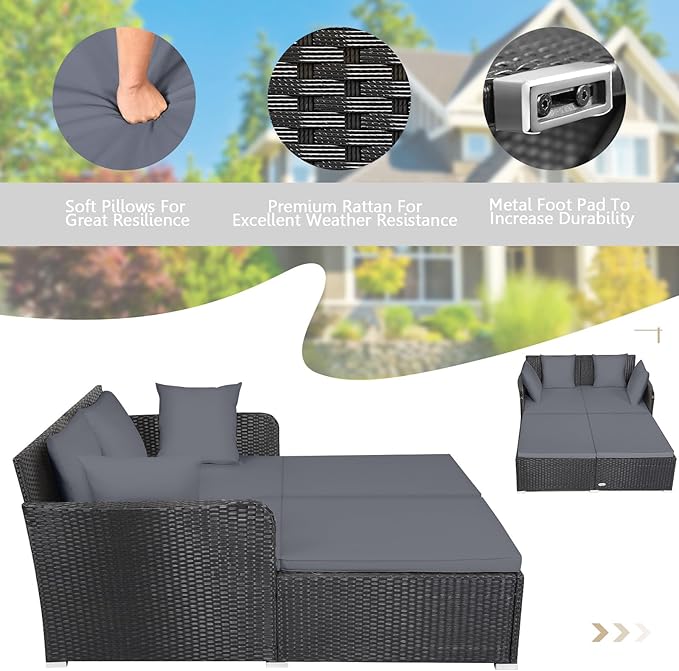 Tangkula Outdoor Rattan Daybed, Wicker Furniture with Spacious Seat, Upholstered Cushion & High-Resilience Sponge, Patio Sofa Set with 4 Pillows, 2-Person Sunbed for Poolside Backyard Garden & Balcony