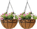 Outdoor Metal Hanging Planters Basket (2pack, 14 inch) Hanging Baskets for Plants Chain Round Wire Plant Holder with Coco Fiber Liners for Garden, Patio, Deck, Porch(Flower Border)