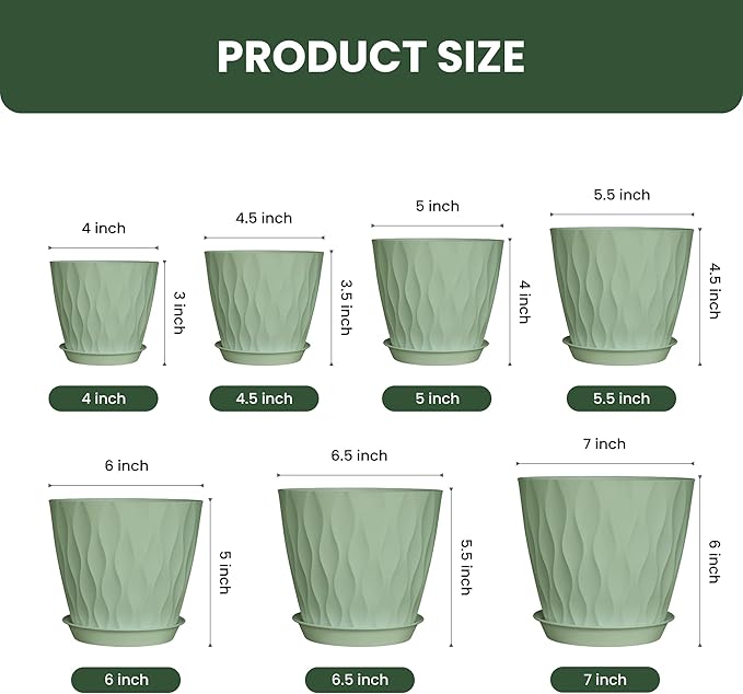 Plastic Plant Pots, 7/6.5/6/5.5/5/4.5/4 inch Flower Pots with Drainage Holes and Trays, 7 Pack Planter for Indoor Outdoor Plants (Green)