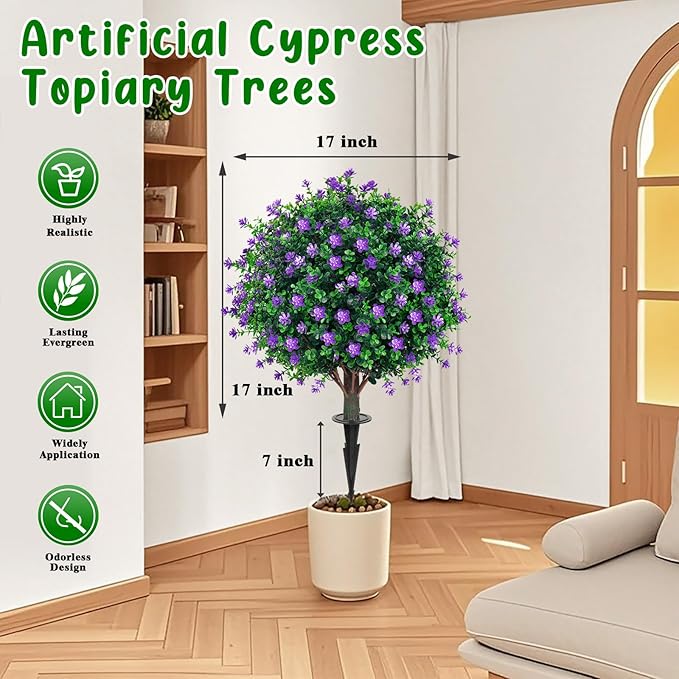Artificial Boxwood Topiary Tree with Flower, Set of 2 Artificial Shrub Bushes with Ground Spike, Fake Evergreen Tree for Porch, Artificial Plants for Outdoor Planters Indoor UV Resistant