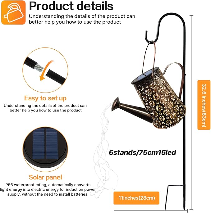 Outdoor Solar Watering Can with Lights Garden Decor Large Solar Powered Lanterns Hanging Waterproof LED Decorative Retro Metal Kettle String Lights for Table Yard Pathway Walkway Gardening Gifts