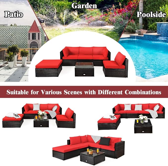 Tangkula 6 Piece Patio Furniture Set, Outdoor Deck Lawn Backyard Sectional Sofa with Coffee Table, Durable Steel Frame PE Rattan Wicker Conversation Set (Red)