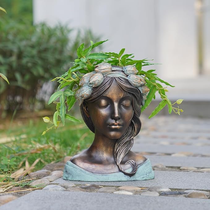 DiliComing Head Planter Face Plant Pots - 10 Inch Flower Pot Succulents Large Outdoor Planters Indoor with Drainage Resin Lady Black Statue for Garden Home Decor Porch Gift for Plant Lovers