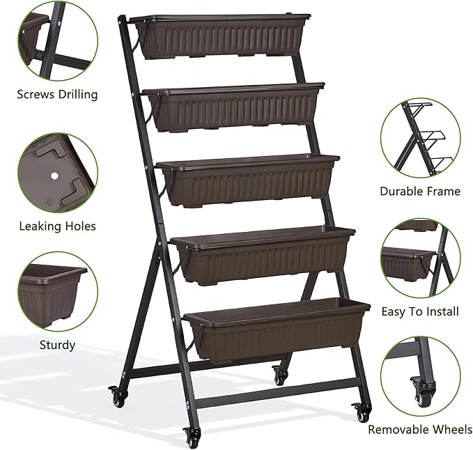VECELO 5-Tier Vertical Garden Bed, Freestanding Elevated Raised Garden Planter with 5 Garden Planter Boxes, Lockable Caster Wheels, Drainage System, for Plants, Vegetables, Flowers, Herbs