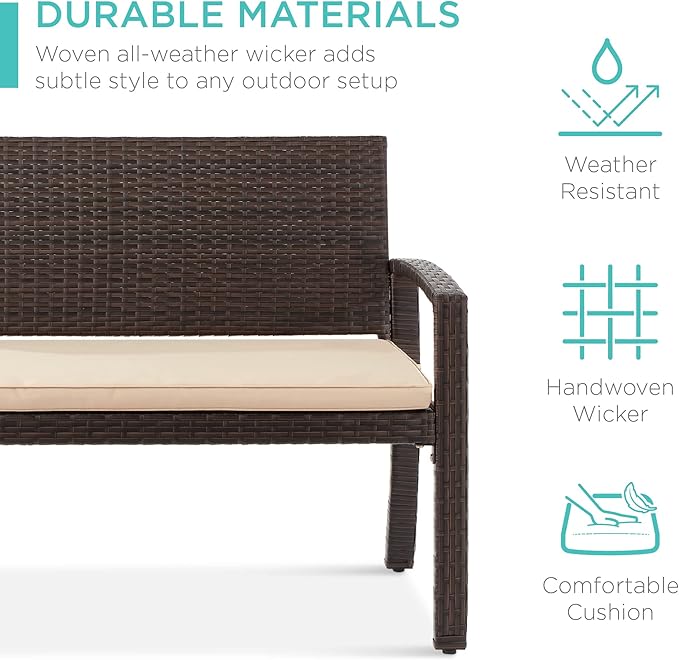 Best Choice Products Outdoor Bench 2-Person Wicker Garden Patio Benches Seating Furniture for Backyard, Porch w/Seat Cushion, 700lb Capacity - Brown/Tan