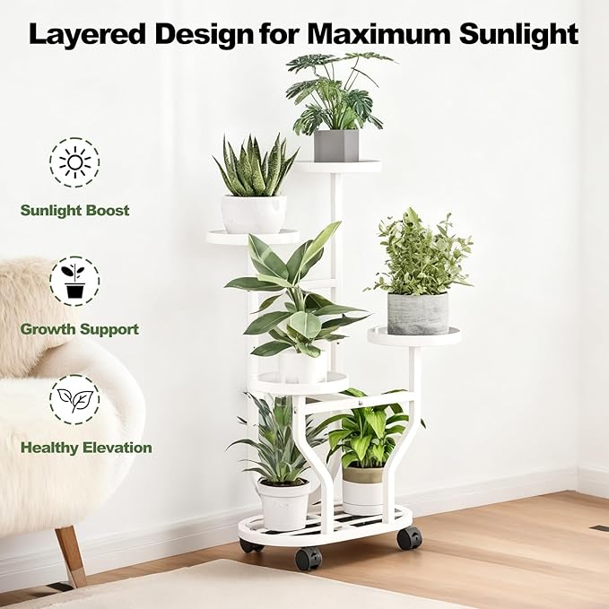 Plant Stand Indoor Outdoor 4 Tier Flower Holder with Wheels Metal Plant Shelf Corner Display Rack Multi Plants Sheleves for Living Room Garden Patio White