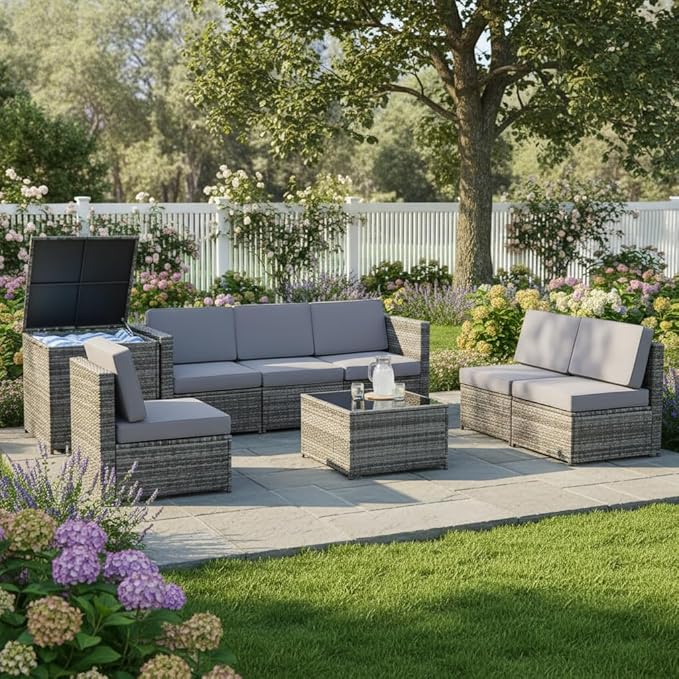 Tangkula 8 PCS Outdoor Patio Furniture Set, Rattan Wicker Sofa Set, Sectional Sofa Couch Conversation Set w/Storage Table and 12 Zippered Cushions for Garden Backyard Poolside (Grey)