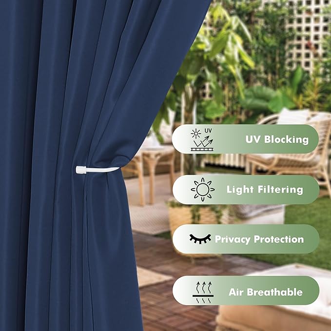 HolidayIdeas Waterproof Outdoor Curtains for Patio, 6 Panels - 54x108 Inches - Weatherproof Privacy Outsides Curtains for Backyard Porch Gazebo, Sunlight & UV Blocking (Navy, Grommet Top)