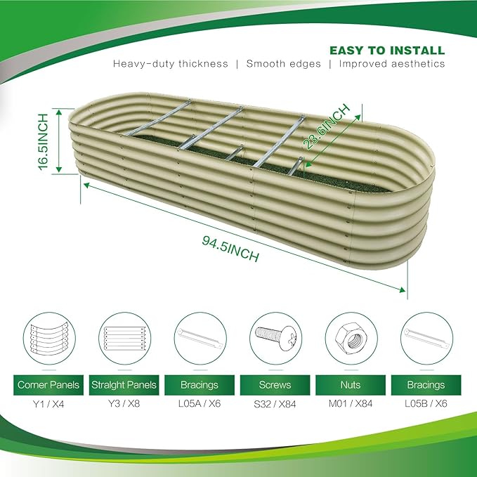 Gardmax Galvanized Raised Garden Bed, Lightweight Planter Boxes Outdoor with Easy Assembly, Large Garden Bed for Vegetables, Fruits, Flower Milk White 8FT