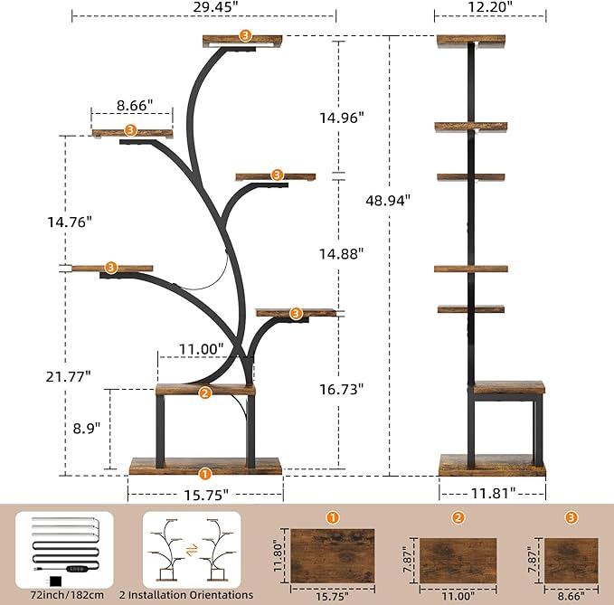 Plant Stand Indoor with Grow Lights, 7 Tiered Indoor Plant Shelf, 49" Corner Plant Stands for Indoor Plants, Metal Plant Flower Display Shelf, Tree-Shaped Plant Rack for Home, Patio, Brown