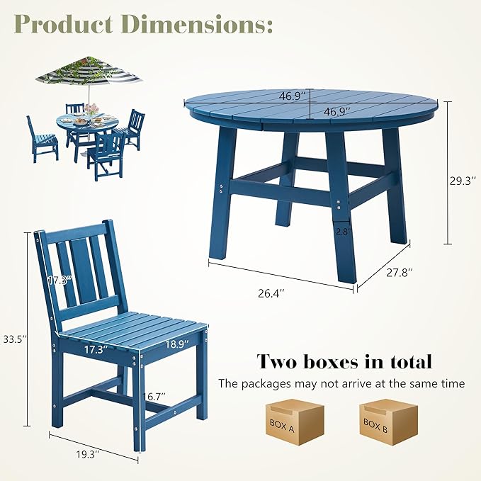 AMERLIFE 5 Piece HDPE Outdoor Dining Table & Chairs Set, All-Weather Patio Table and Chairs Set Furniture with Umbrella Hole for Garden, Backyard, Poolside, Seaside, Blue
