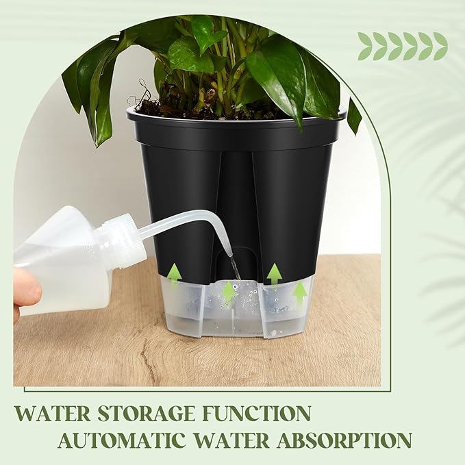 Self Watering Pots for Indoor Plants with Deep Reservoir and High Drainage Holes for Outdoor Plants and Flowers, Bare Root Planter(4.72'', 5.91'', 7.09'',Black,9 Pcs)