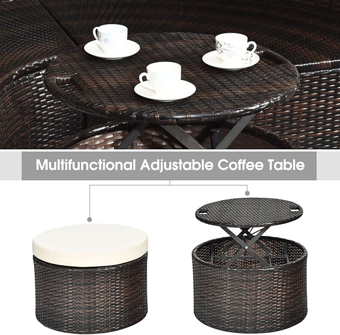 Tangkula Patio Round Daybed with Retractable Canopy, Outdoor Wicker Rattan Furniture Sets, Sectional Cushioned Sofa Set w/Height Adjustable Coffee Table, Rattan Conversation Sets (Beige)