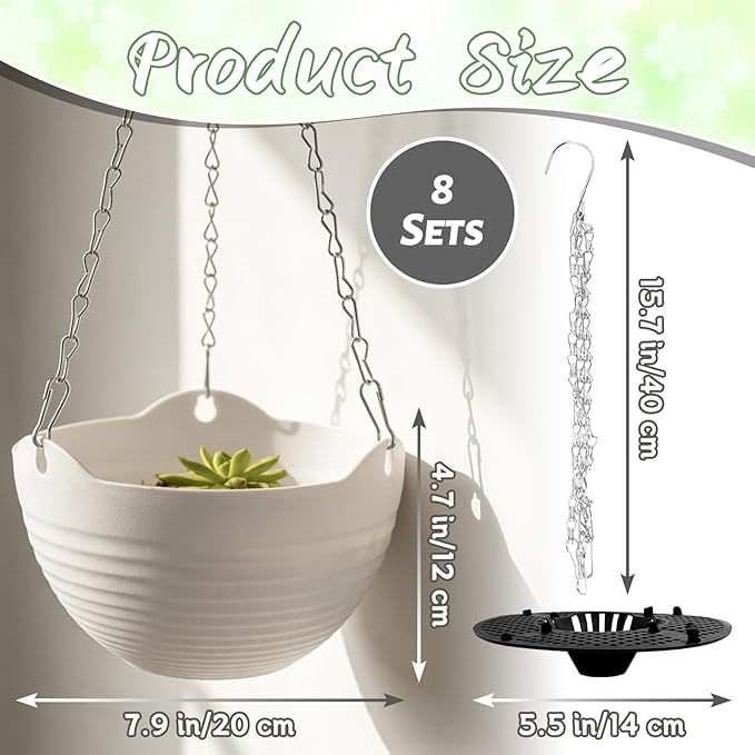 Bvrbaory 8 Pack Hanging Planter Pots,Self-Watering Flower Pot with Water Tray & Metal Chain,White Plastic Hanging Plant Pots for Indoor Outdoor Garden Decor,8 Inch