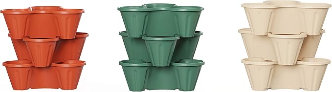 Set of 3 Stacking Planter Tower - 3-Tier Space Saving Flower Pots - Indoor/Outdoor Vertical Herb and Vegetable Planter by Pure Garden (Sand Stone)
