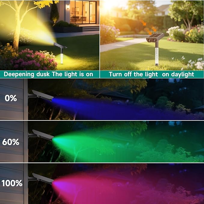 RGB Solar Spot Lights : 2 IN 1 Solar Lights Outdoor with 8 Lighting Modes & PC Light Guide Column for Tree Garden Yard Pathway | RGB Color Changing Landscape Lights | IP65 Waterproof | 6 Pack
