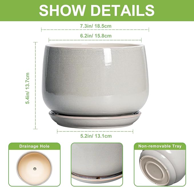 G EPGardening Ceramic Plant Pots - 7 Inch Plant Pot with Drainage and Saucer, Ceramic Planters for Indoor Outdoor Plants, Modern Round Planter, Room Decor, Gardening Gifts for Women Men, Light Grey