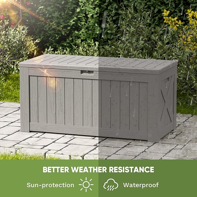 Patiowell 120 Gallon Large Deck Box, Outdoor Lockable Storage Box for Gardening Tools, Waterproof Deck Box for Patio Furniture, Light Brown