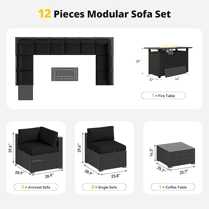 Aoxun Patio Furniture Set with Fire Pit Table, 12 Piece Outdoor Sectional Sofas, 10 Seats Wicker Rattan Outdoor Furniture with Thickened Cushion for Backyard, Garden Black