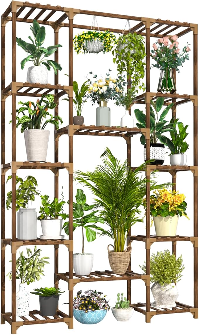 Uneedem Tall Indoor Outdoor Plant Stand - Large 12 Tier Plant Rack with Wooden Shelves for Room, Balcony, Garden, Patio