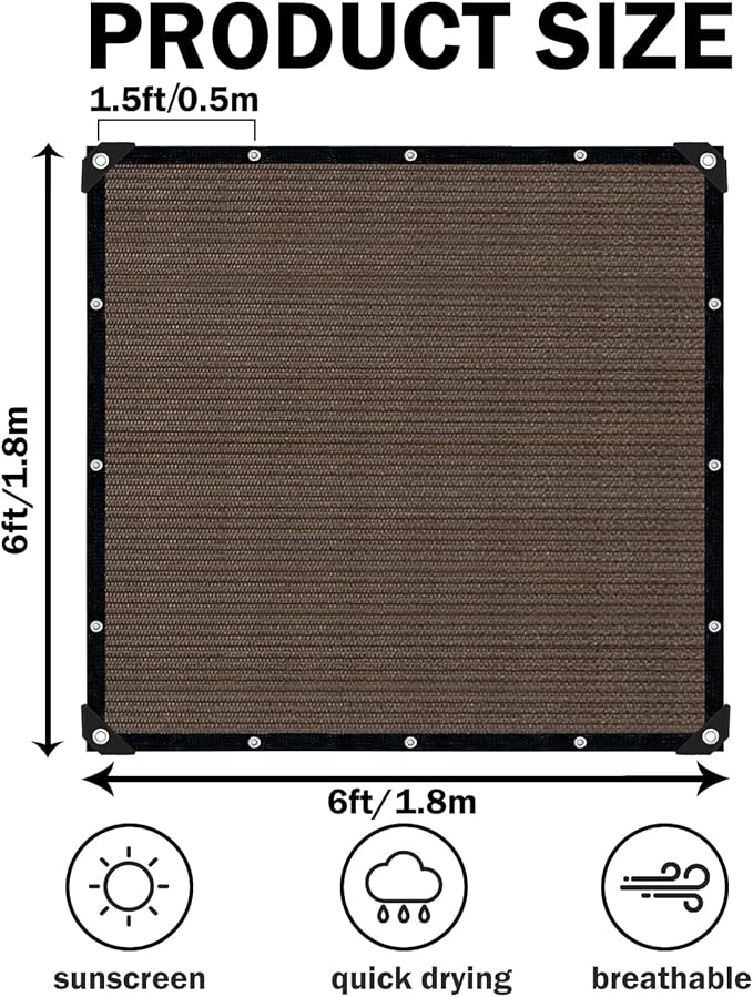 Mocha Sun Shade Cloth,Pergola Shade Cover with Reinforced Grommets,90% Shade Fabric Fence Privacy Screen Balcony,Pergola Shade Cover Canopy Garden Carport Porch Deck Patio Shade Cover,6x6FT