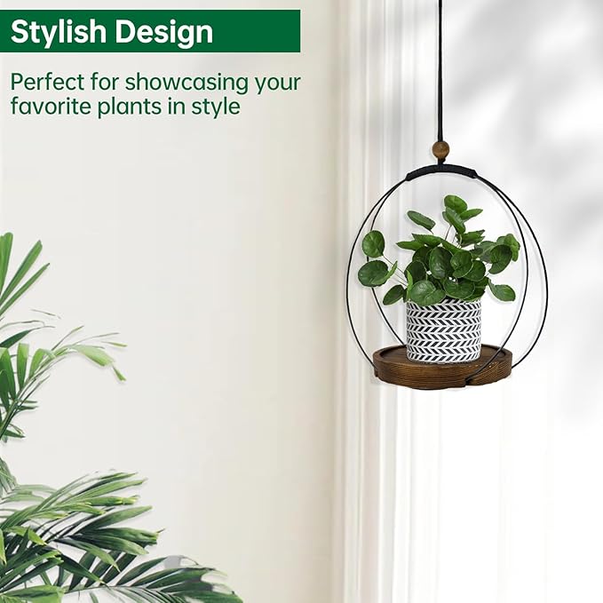 Hanging Planters for Indoor Plants,Plant Hanger with Sturdy Wood Base,Modern Boho Macrame Plant Hanger,Wall Ceiling Window Stands(Plants/Pots Not Included) (2 Pack-Circle)