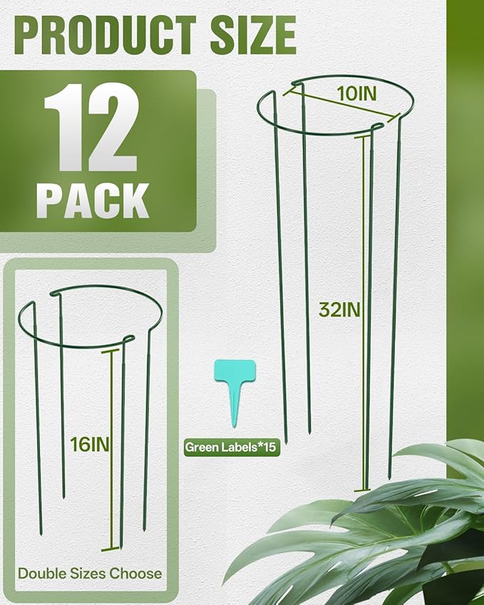 Joyhalo 12 Pack Peony Cages and Supports, 32 Inch Adjustable Plant Stakes for Outdoor Plants, Plant Support Stakes, Peony Cage with 15 Pcs Twist Ties, Flower Stakes Peonies Support Cages for Plants