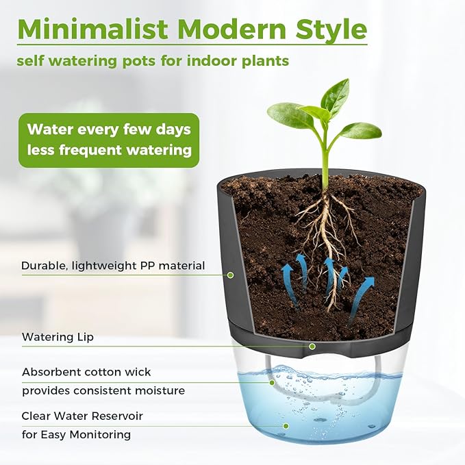 Planterhoma 5 Pack Self Watering Pots for Indoor Plants, 9 Inch Plant Pot Plastic Self Watering Planter for Orchid, Monstera, Lily, Large Clear Flower Pots with Drainage Holes and Wicking Rope, Gray