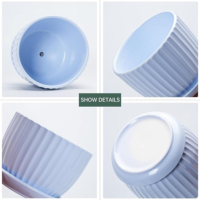Ton Sin Sky Blue Ceramic Flower Pots, 4"+5"+6" Inch Small Succulent Planters with Drainage Hole,Modern Indoor Decorative Plant Pots Set of 3,Garden Pots with Saucer(Blue)