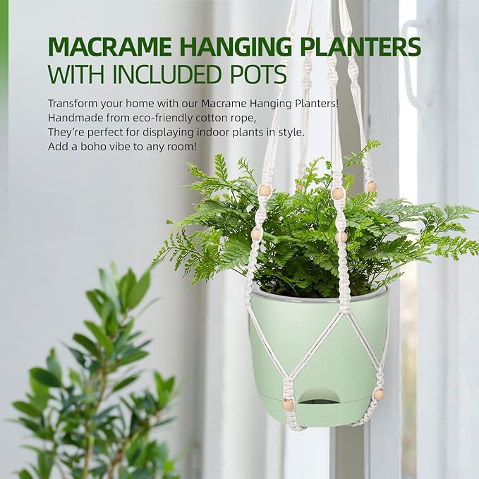2-Pack 5.7-Inch Self-Watering Hanging Planters for Indoor & Outdoor Plants,34Inch Macrame Hanger Plant Pots Indoor with Drainage,Small Hanging Planters & Baskets,With Two Sets of Hooks（Pure green）