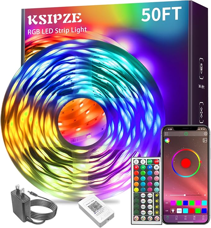 KSIPZE Led Lights for Bedroom 50ft Led Strip Lights with Remote RGB Color Changing Music Sync Smart App Control for Room Bedroom Lighting Flexible Home Décor