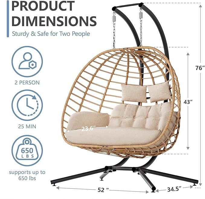 SWITTE Double Hanging Egg Chair with Stand, Outdoor Patio 2 Person Wicker Hammock Swing Chairs with Cushion Loveseat for Indoor Bedroom, Lawn, Garden-Beige