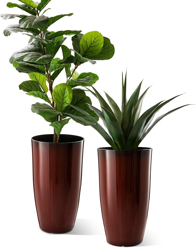 Glitzhome 23.5" H Oversized Tall Planter, Set of 2 Plastic Large Outdoor Planters with Drainage Holes, Gradient Red Faux Ceramic Finish, Large Flower Pots Round Plant Pots for Indoor Outdoor Patio