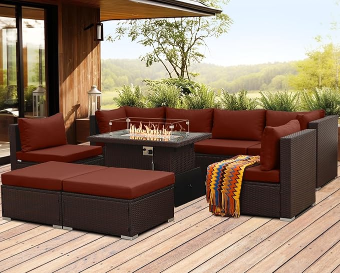 NICESOUL 9 Pcs Large Outdoor Patio Furniture Set with Firepit Natural Gas & Propane, 29.3 High Back Comfy Conversations Sofa Sets Modular, Wide Sectional for Heavy Weight, Brown Rattan and Red Cushion