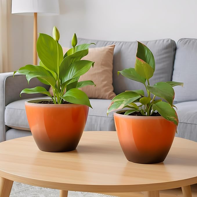 2 Pack Plastic Plant Pots with Drainage Holes, 8 inch Planter for Indoor Outdoor Plant, Garden Flower Pots for Aloe, Herbs, Cactus (Orange, 2pcs)
