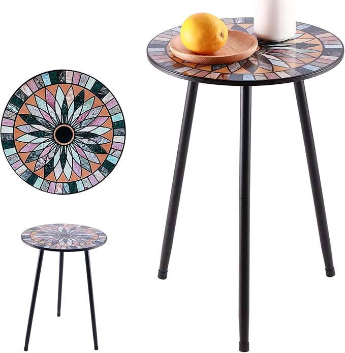 Party Zealot 1 Pack Metal Mosaic Round Side Table Small 13.4" End Patio Round Accent Table Garden Corner Stand for Small Spaces Weather-Resistant for Balcony Plant Stand Indoor Outdoor