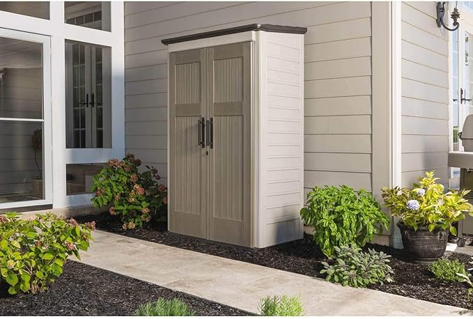 Rubbermaid Vertical Resin Outdoor Storage Shed With Floor (4 x 2.5 Ft) Weather Resistant Beige/Brown Organization for Home/Backyard/Pool Chemicals/Toys/Garden Tools/Porch/Patio Cushions