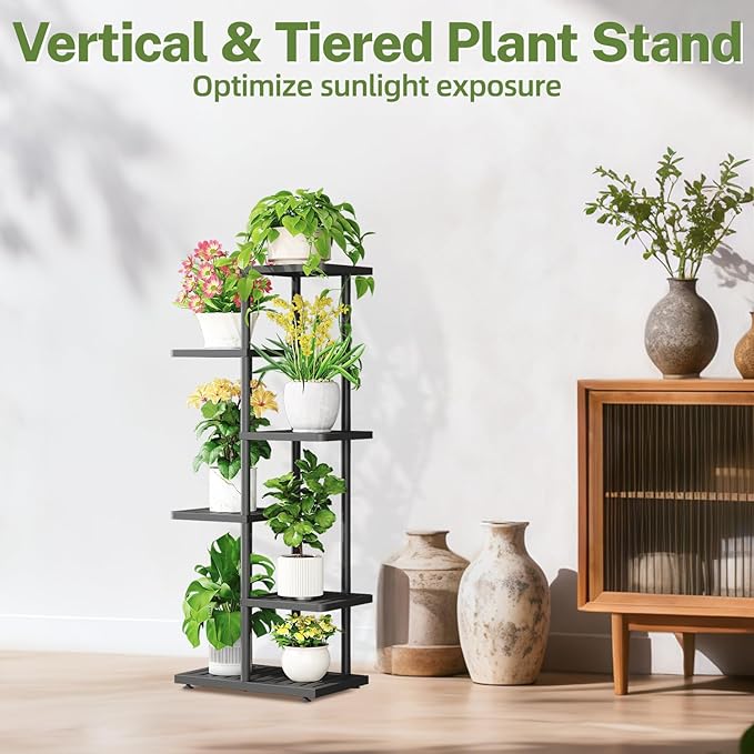iDavosic.ly Plant Stand with Grow Light Indoor Outdoor, 5-Tier Tall Metal Flower Shelf for Heavy-Duty Large Planters, Corner Orchid Display Rack for Living Room Balcony Patio Porch, Modern Black