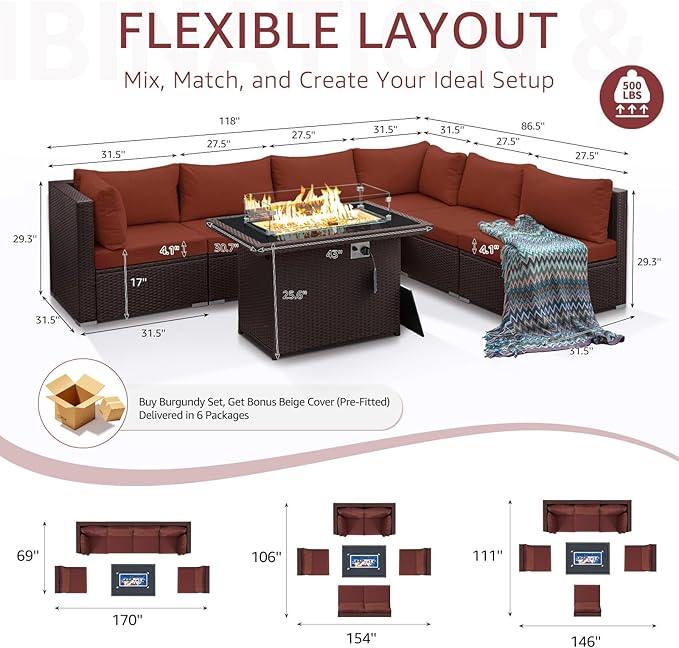 NICESOUL 7 Piece Modular Outdoor Furniture Set with Firepit Natural Gas&Propane, 29.3'' High Back L-Shaped 6-Seater Patio Wicker Sectional Sofa Couch Sets for Tall People, Brown Rattan and Red Cushion