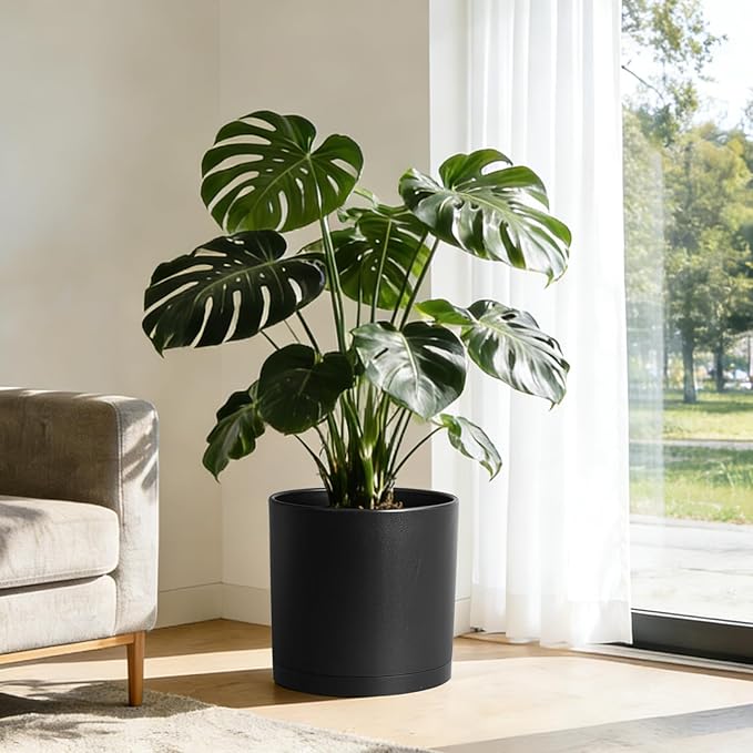 14 Inch Heavy-Duty Cylinder Deep Planter for Indoor Outdoor Plants, Tall Large Plastic Plant Pot with Drainage Holes and Saucer, Decorative Flower Pot for Patio Garden, Black
